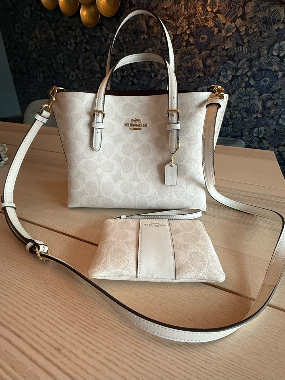 Coach Ivory Signature Leather Shoulder Tote with Wristlet